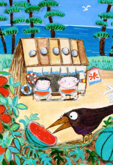 山内大童墨彩画「夏の陽に松葉が香る昼下がり」